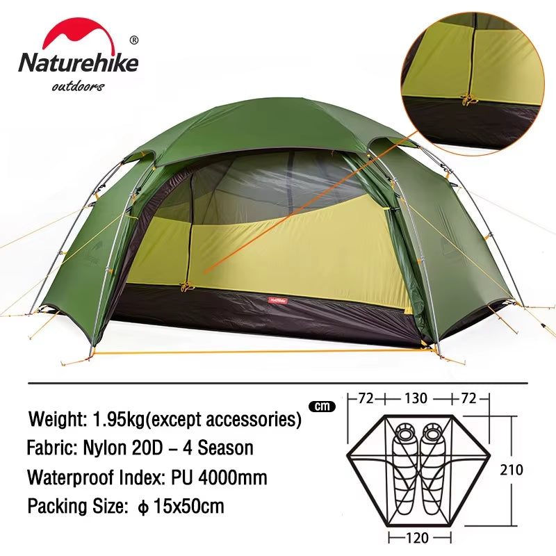 Cloud Peak 2 People Tent Ultralight 2 Persons Camping Hiking Outdoor Tent 20D Nylon Waterproof Fabric NH17K240-Y