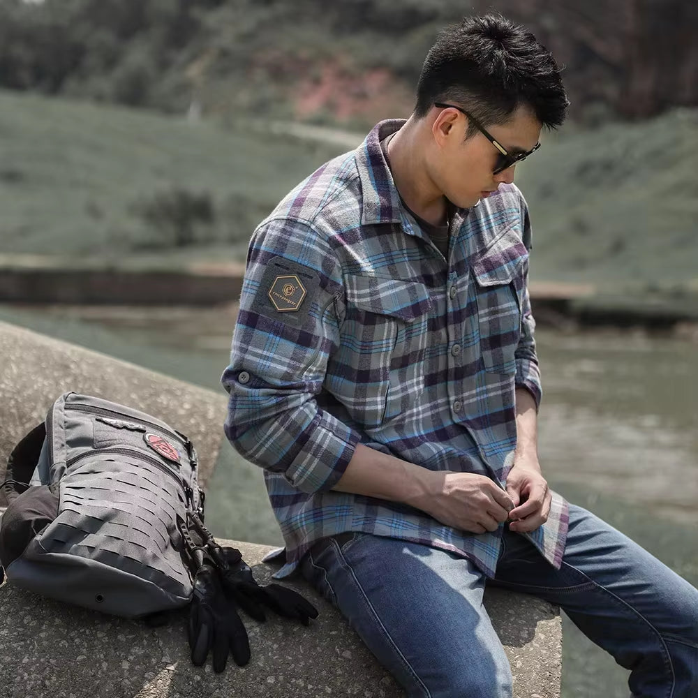 Blue Label "Longicorn" Flannel Shirts Tactical Ergonomic T-Shirts Urban Commuter Tops Camping Hiking Hunting EMB9706
