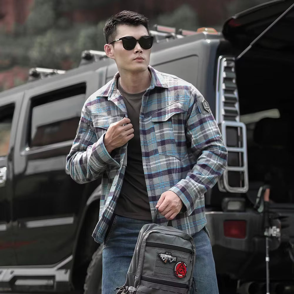Blue Label "Longicorn" Flannel Shirts Tactical Ergonomic T-Shirts Urban Commuter Tops Camping Hiking Hunting EMB9706